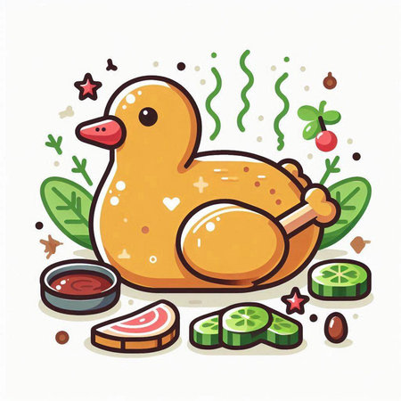 Illustration of a duck with sauce and vegetables on a white backgroundのイラスト素材