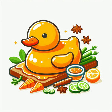 Illustration of a rubber duck, carrots and spices on a white backgroundのイラスト素材