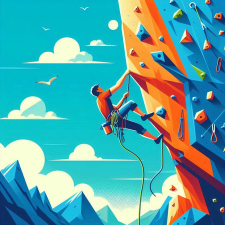 Illustration of a climber climbing on a cliff, vector illustrationのイラスト素材