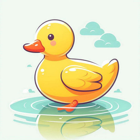 Illustration of a cute yellow rubber duck on the water with clouds in the backgroundのイラスト素材