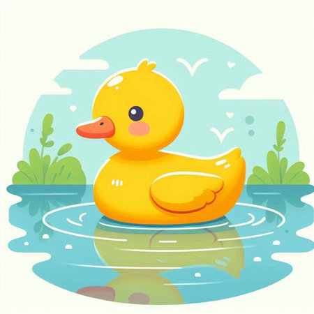 Yellow rubber duck floats on the water in the pond. Vector illustrationのイラスト素材