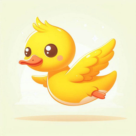 Cute yellow duckling flying in the sky. Vector illustration.のイラスト素材