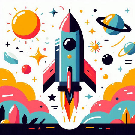 Space rocket flying in outer space. Vector illustration in flat style.のイラスト素材