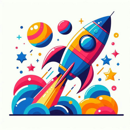 Cartoon rocket with planets and stars. Vector illustration in flat styleのイラスト素材