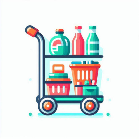 Colorful shopping cart with bottles and food. Vector illustration in flat style.のイラスト素材