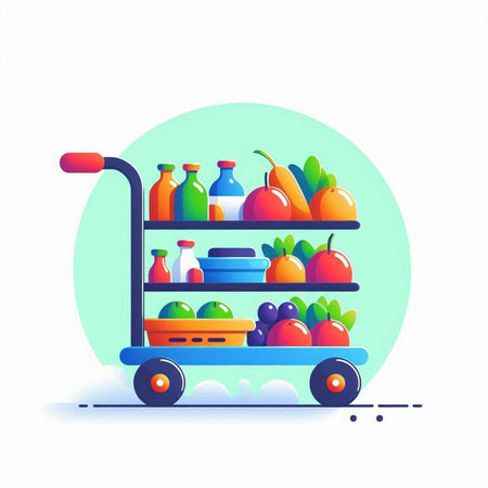 Fruits and vegetables in cart flat vector illustration. Grocery delivery service concept.のイラスト素材