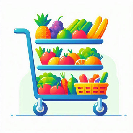 Shopping cart full of fresh fruits and vegetables. Vector illustration.のイラスト素材
