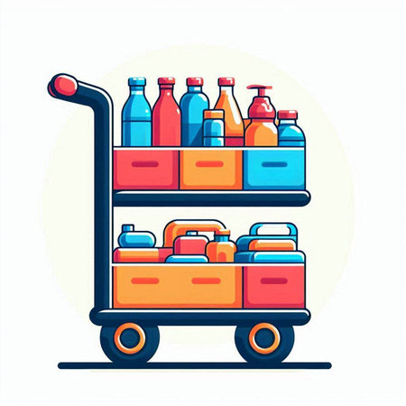 Cargo trolley with food and drinks. Vector illustration in cartoon style.のイラスト素材