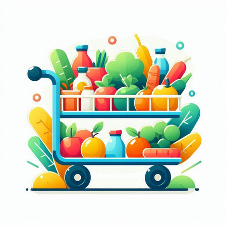 Supermarket trolley full of products. Groceries, fruit and vegetables. Vector illustrationのイラスト素材