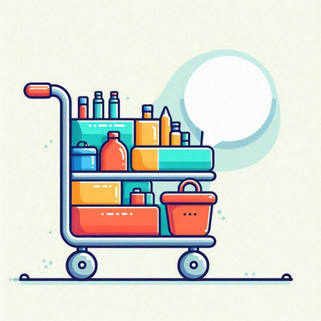 Cart with shopping cart full of products. Flat design vector illustration.のイラスト素材