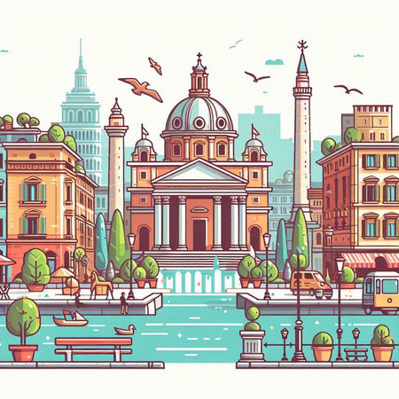 Cityscape of Rome, Italy. Colorful vector illustration in flat styleのイラスト素材