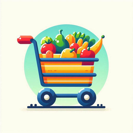 Shopping cart with fruits and vegetables. Flat design vector illustration.のイラスト素材