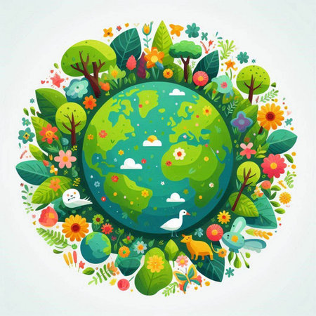 Vector illustration of planet earth with flowers and birds in the circle.のイラスト素材