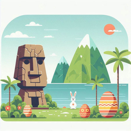 Easter landscape with a stone idol and eggs. Vector illustration.のイラスト素材