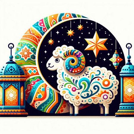 Ramadan Kareem greeting card with arabic lanterns and sheepのイラスト素材