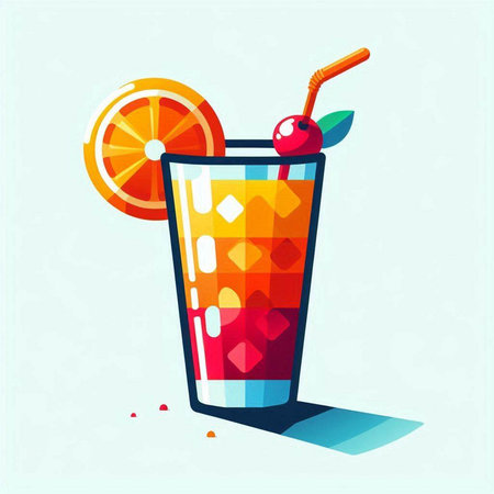 Cocktail with orange and cherry on blue background. Vector illustration.のイラスト素材