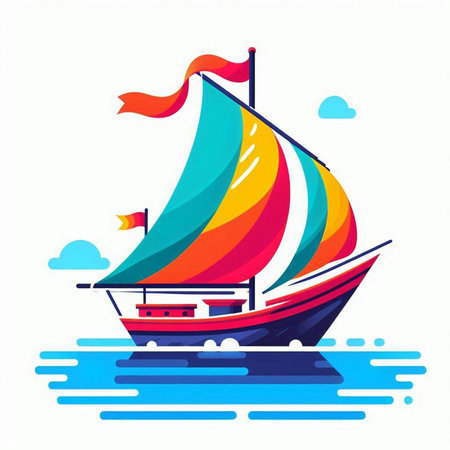 Sailing boat on the sea. Colorful vector illustration in flat styleのイラスト素材