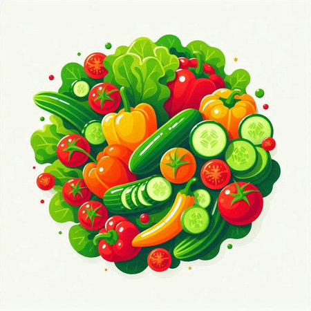Vegetables vector illustration. Cucumber, tomato, pepper, cucumber, cucumber, onion, parsley.のイラスト素材