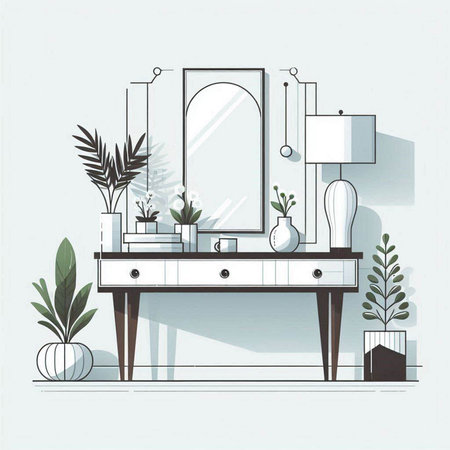 Vector illustration of a modern bathroom interior with a mirror and plants.のイラスト素材