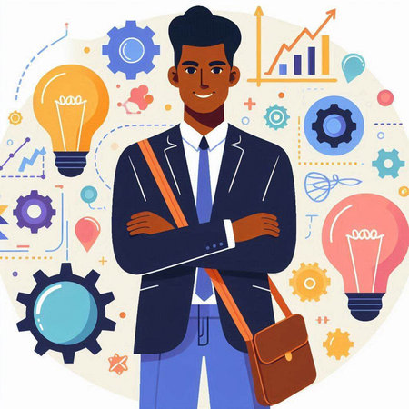 Vector illustration of a young businessman with a briefcase standing with his arms crossed.のイラスト素材