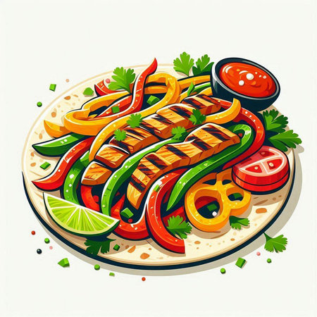 Mexican tacos with grilled meat and vegetables on a plate. Vector illustration.のイラスト素材