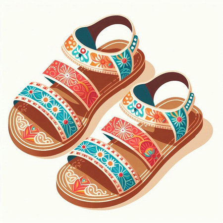 Vector illustration of a pair of sandals with a colorful ornament.のイラスト素材