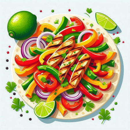 Mexican tacos with vegetables and lime on a plate. Vector illustration.のイラスト素材