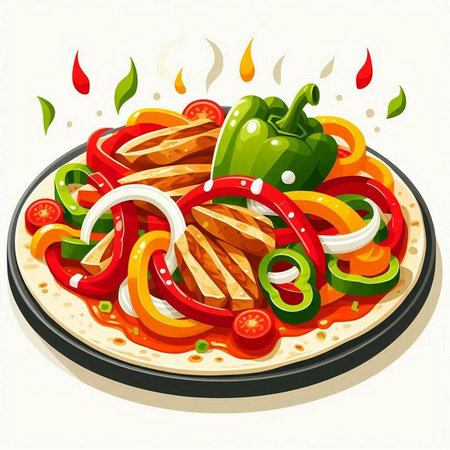 Pizza with chicken meat, vegetables and sauce. Vector illustration.のイラスト素材