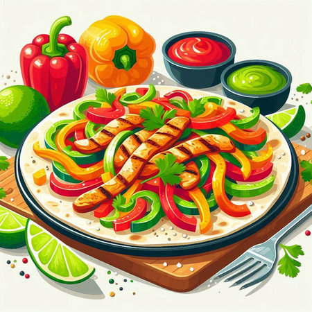 Vector illustration of grilled chicken fillet with vegetables on the plate.のイラスト素材