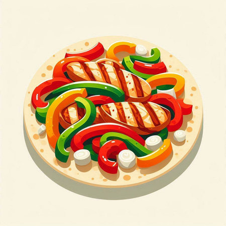 Grilled chicken with vegetables on a round plate. Vector illustration.のイラスト素材