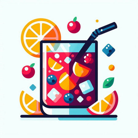 Cocktail with ice cubes and fruits in flat style. Vector illustration.のイラスト素材