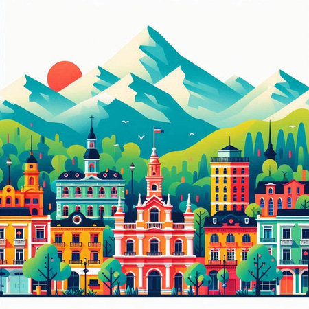 Cityscape with colorful houses, trees and mountains. Vector illustration.のイラスト素材