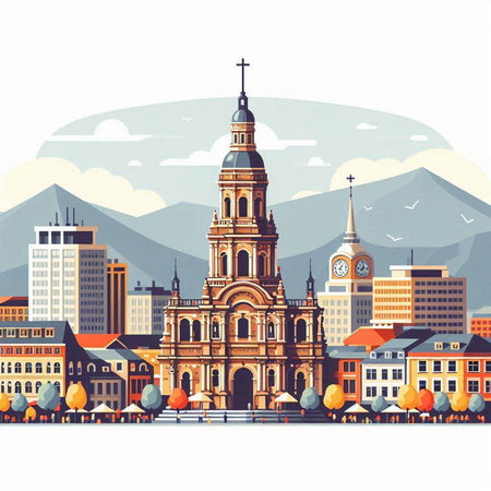 Church in the center of the city. Vector illustration in retro style.のイラスト素材