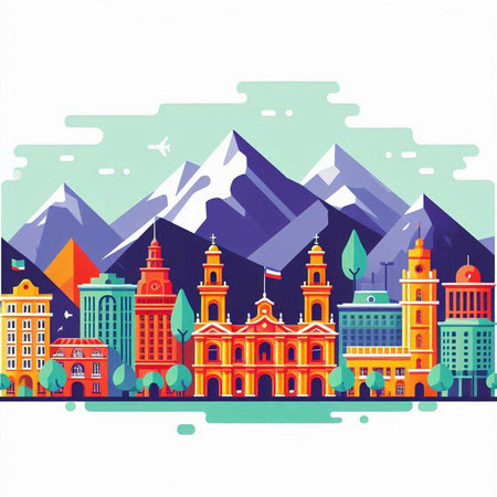 Cityscape with buildings and mountains in flat style. Vector illustration.のイラスト素材