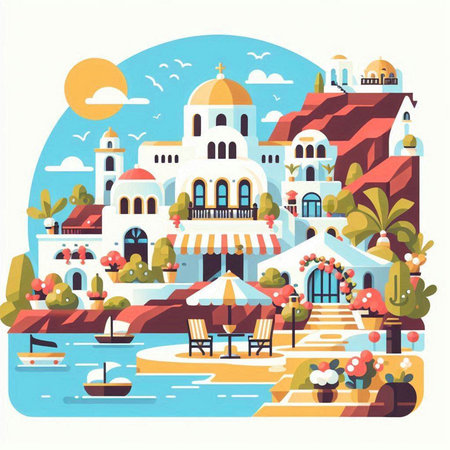 Flat style vector illustration of the famous Greek Orthodox church in the village.のイラスト素材