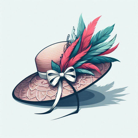 Women's hat with feathers and bow. Hand drawn vector illustration.のイラスト素材