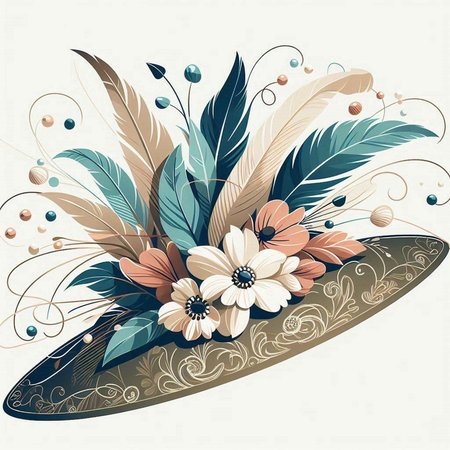Vector illustration of a hat with feathers and flowers on a white backgroundのイラスト素材