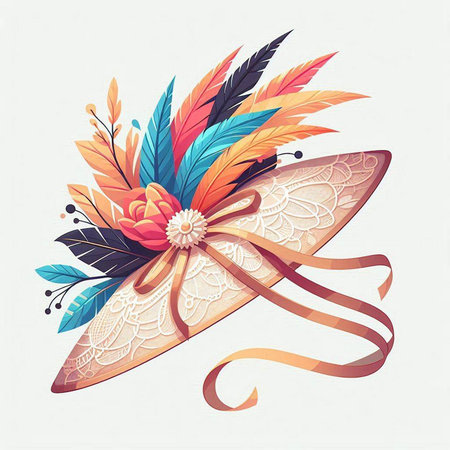 Hand drawn vector illustration of a hat decorated with feathers and flowers.のイラスト素材