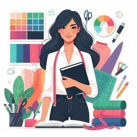 Beautiful young fashion designer with notebook in her hands. Vector illustrationのイラスト素材