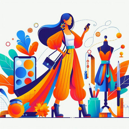 Beautiful woman with shopping bags and mobile phone. Vector illustration.のイラスト素材