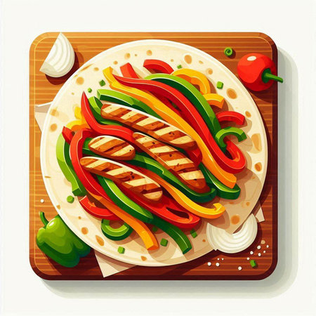 Shish kebab with vegetables on wooden board. Vector illustrationのイラスト素材