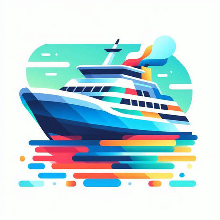 Vector illustration of a yacht. Colorful abstract background with boat.のイラスト素材
