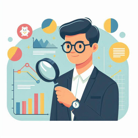 Businessman with magnifying glass and chart. Vector illustration in flat styleのイラスト素材
