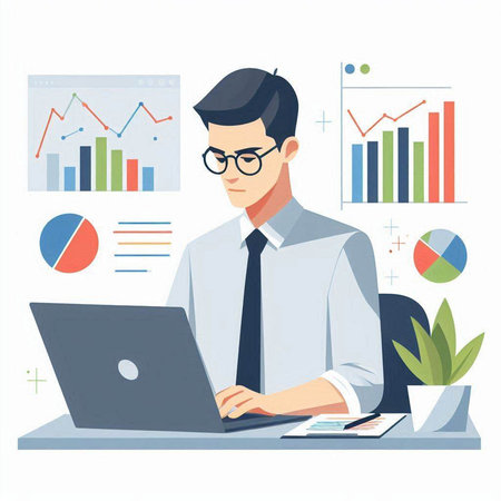 Businessman working on laptop in office. Vector illustration in flat styleのイラスト素材