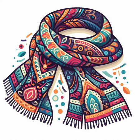 Vector hand drawn illustration. Colorful ethnic patterned scarf isolated on white background.のイラスト素材