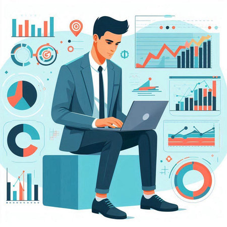 Vector illustration of a young businessman working on a laptop in the officeのイラスト素材