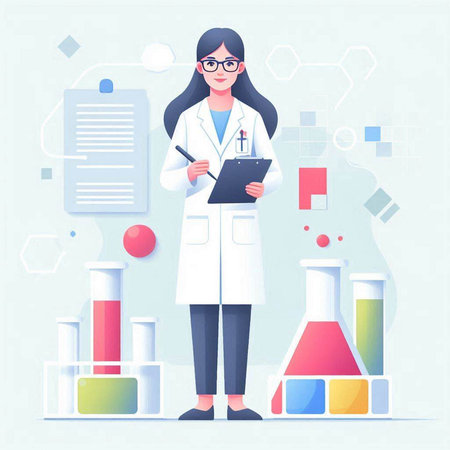Scientist Woman in White Coat and Glasses Writing on Clipboard in Laboratory. Vector Illustrationのイラスト素材