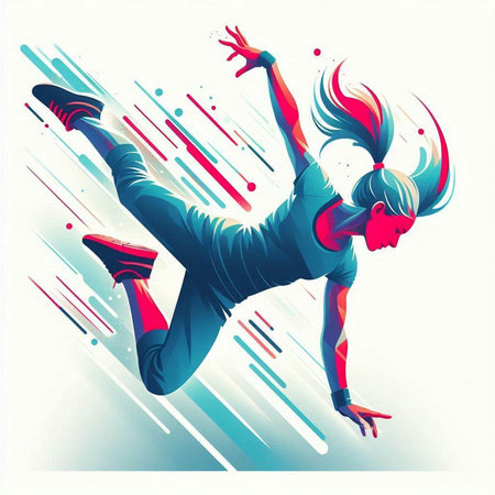 illustration of a girl jumping with colored lines on a white backgroundのイラスト素材