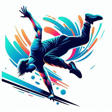 illustration of breakdancer jumping on colorful background with swirlsのイラスト素材