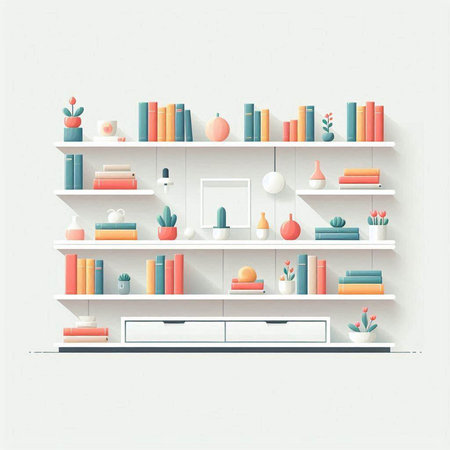 Bookshelf with books and decorations. Vector illustration in flat styleのイラスト素材